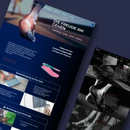 Dwa ekrany z widokiem na stronę internetową firmy Diedo, prezentującą ortopedyczne wkładki do butów i proces zamawiania, z elementami graficznymi stopy i informacjami o produkcie.