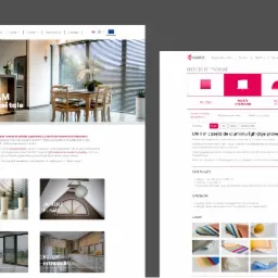 Zrzut ekranu strony internetowej firmy oferującej rolety i żaluzje, prezentujący wygląd strony głównej z aranżacją wnętrza oraz sekcję z wyborem produktów i paletą kolorów.