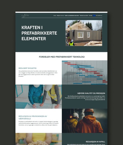 Strona internetowa prezentująca prefabrykowane elementy budowlane, z widocznym domem w trakcie budowy i harmonogramem projektu.