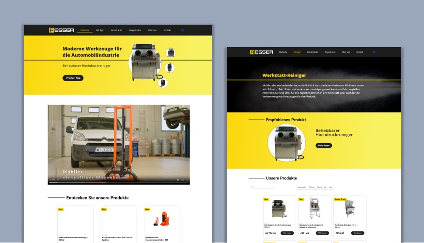 Zrzut ekranu strony internetowej firmy Resser, prezentujący narzędzia dla przemysłu motoryzacyjnego, w tym podnośnik samochodowy i myjkę wysokociśnieniową w żółto-czarnej kolorystyce.