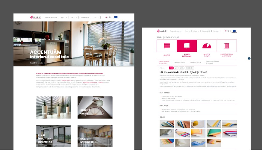 Zrzut ekranu strony internetowej firmy oferującej rolety i żaluzje, prezentujący wygląd strony głównej z aranżacją wnętrza oraz sekcję z wyborem produktów i paletą kolorów.