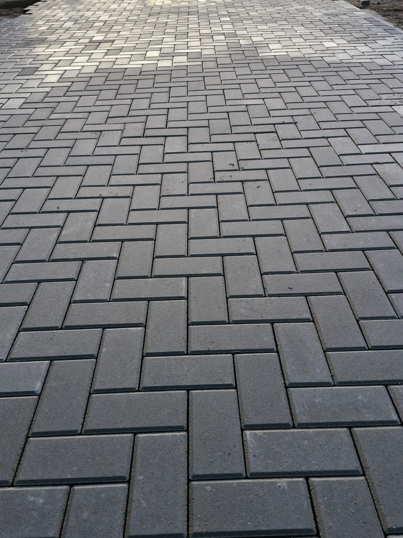 Ułożona, szara kostka brukowa w jodełkę, widok z perspektywy, minimalne spoiny, świeżo po ułożeniu, widoczne ślady piasku.