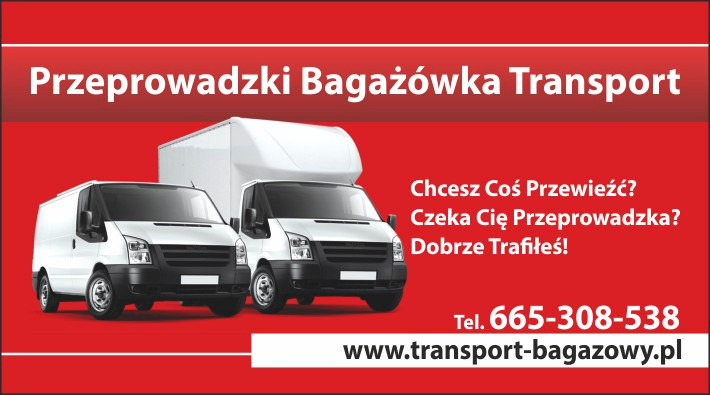 Grafika reklamowa z dwoma białymi busami i samochodem dostawczym na czerwonym tle, z tekstem 'Przeprowadzki Bagażówka Transport' oraz numerem telefonu i adresem strony internetowej.
