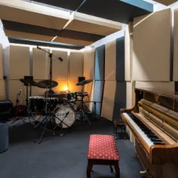 Wnętrze profesjonalnego studia z panelami akustycznymi, zestaw perkusyjny z logo 'Artur Rusco' na bębnie basowym, pianino i krzesło obite czerwoną tkaniną w kwiatowy wzór.