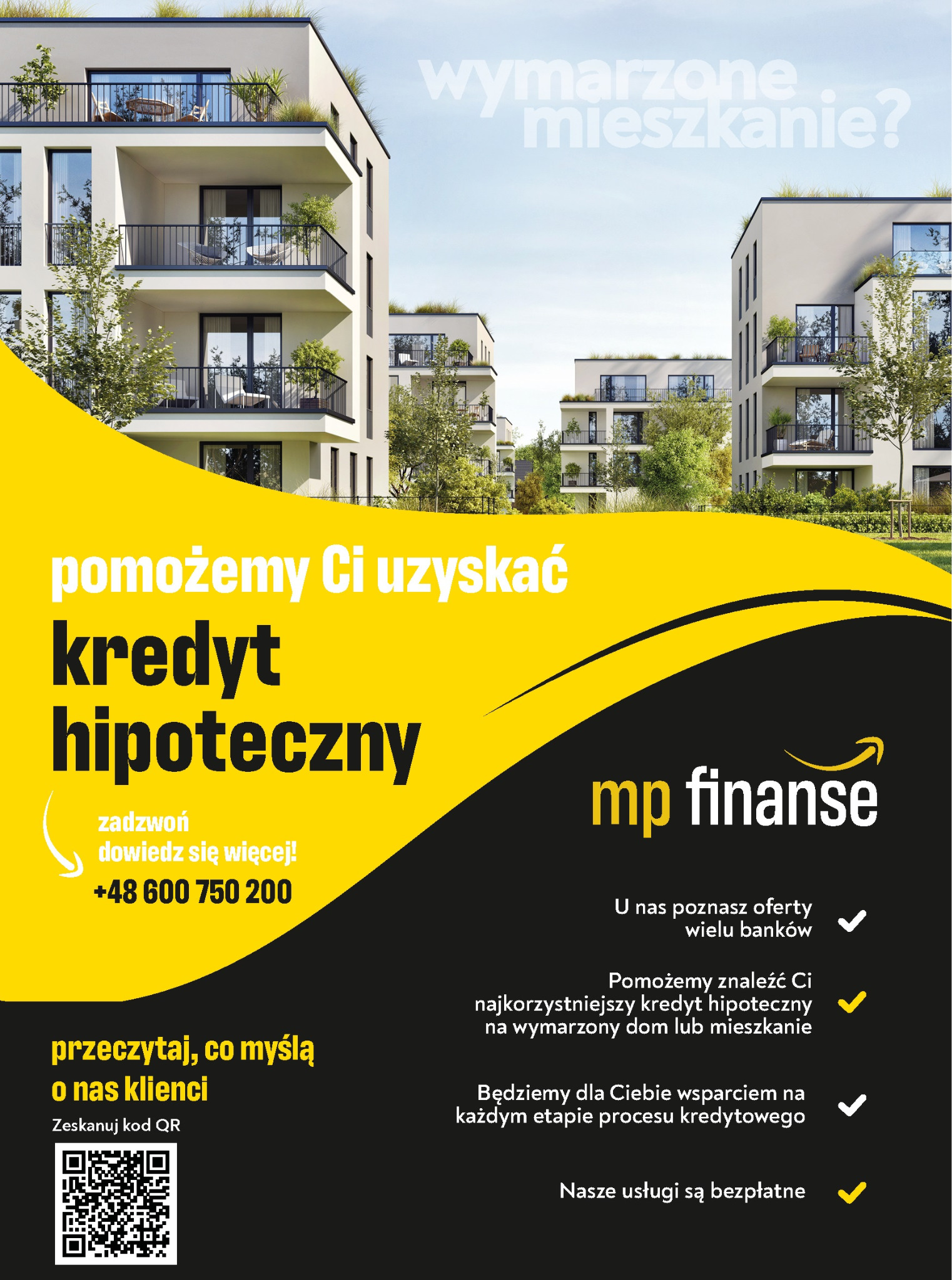 Żółto-czarna reklama z wizualizacją nowoczesnych budynków mieszkalnych z balkonami i tekstem o pomocy w uzyskaniu finansowania na wymarzone mieszkanie, logo firmy finansowej i kod QR.