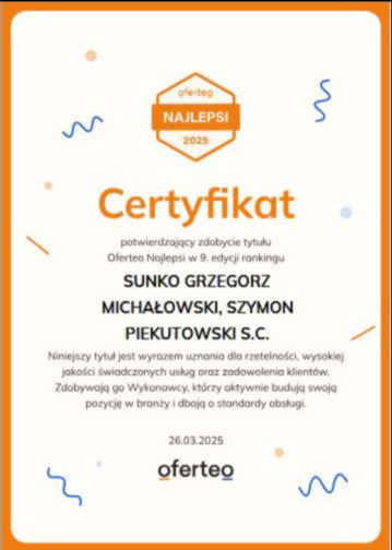 Certyfikat Oferteo Najlepsi 2025 dla Sunko Grzegorz, Michałowski Szymon, Piekutowski S.C., potwierdzający wysoką jakość usług i zadowolenie klientów.