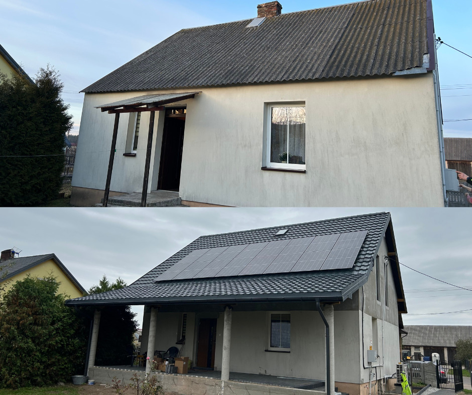 Dom przed i po montażu paneli słonecznych: szary dach z eternitu vs. nowy, ciemny dach z panelami. Elewacja odnowiona, widok z boku, pochmurne niebo.