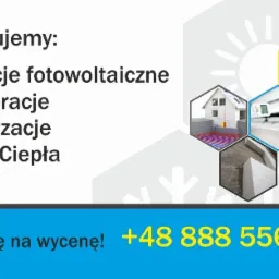 Grafika reklamowa firmy oferującej instalacje: fotowoltaiczne, rekuperacje, klimatyzacje, pompy ciepła i serwis. Na ilustracji panele słoneczne, klimatyzator, dom z ogrzewaniem podłogowym...