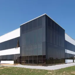 Nowoczesny budynek biurowy z fasadą z ciemnego szkła i białymi panelami, jedno okno uchylone, na zewnątrz widoczne zbiorniki i trawnik.