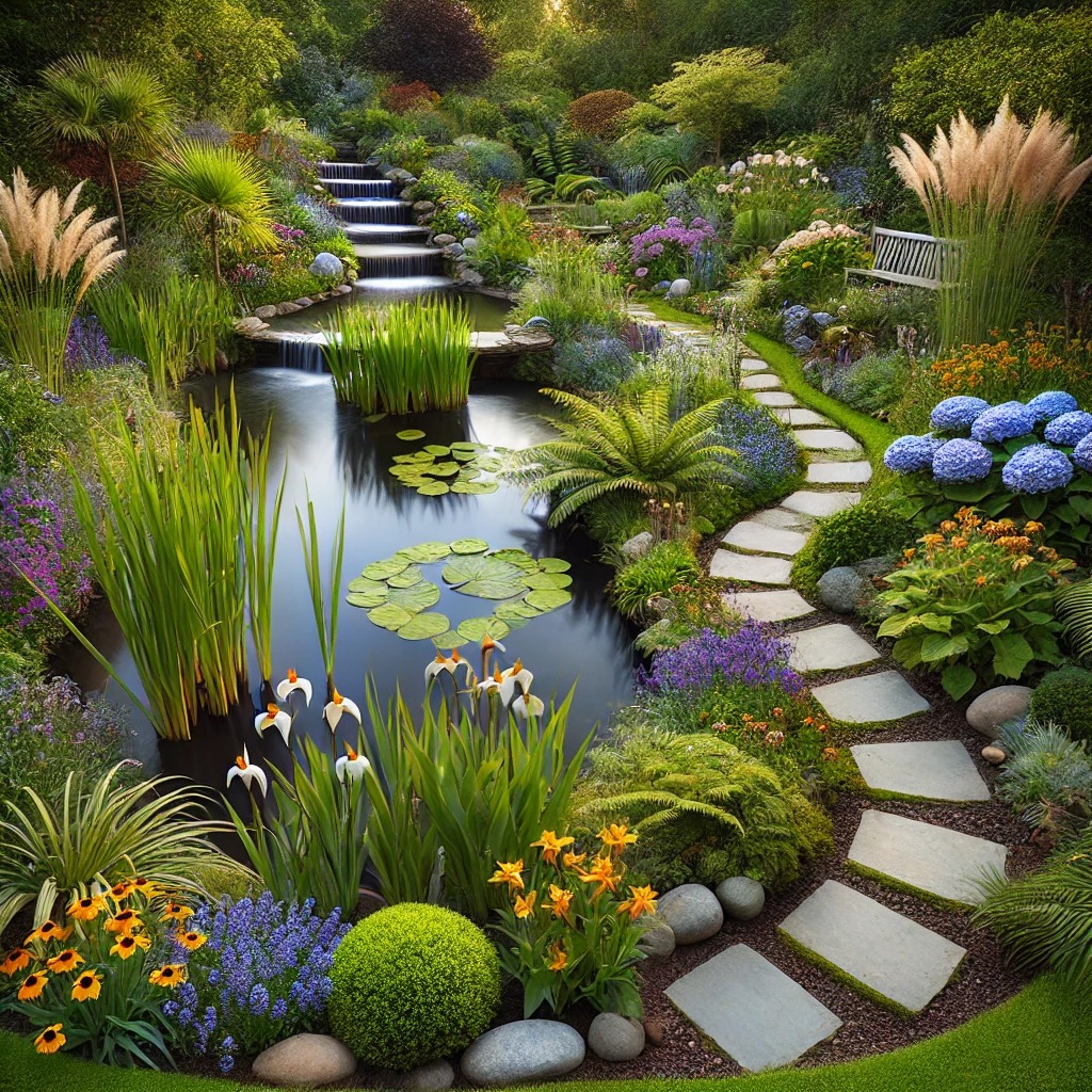 Malowniczy ogród z kaskadą wodną, oczkiem wodnym z liliami wodnymi, ścieżką z kamiennych płyt i bujną roślinnością, w tym trawami ozdobnymi i kwitnącymi hortensjami.