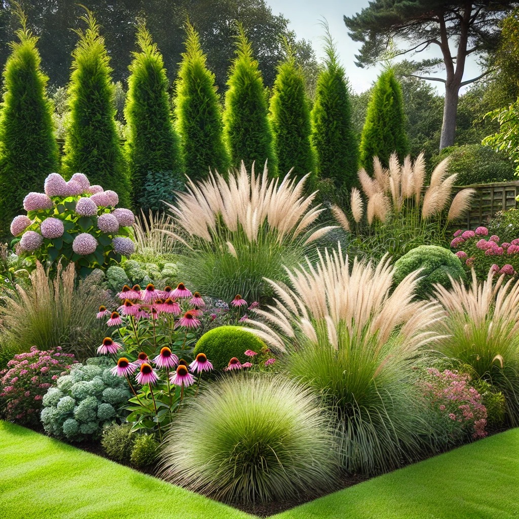 Kunsztownie zaaranżowany ogród z różnorodną roślinnością: strzeliste tuje, puszyste trawy ozdobne, różowe jeżówki i hortensje, z równo przystrzyżonym trawnikiem w pierwszym planie.