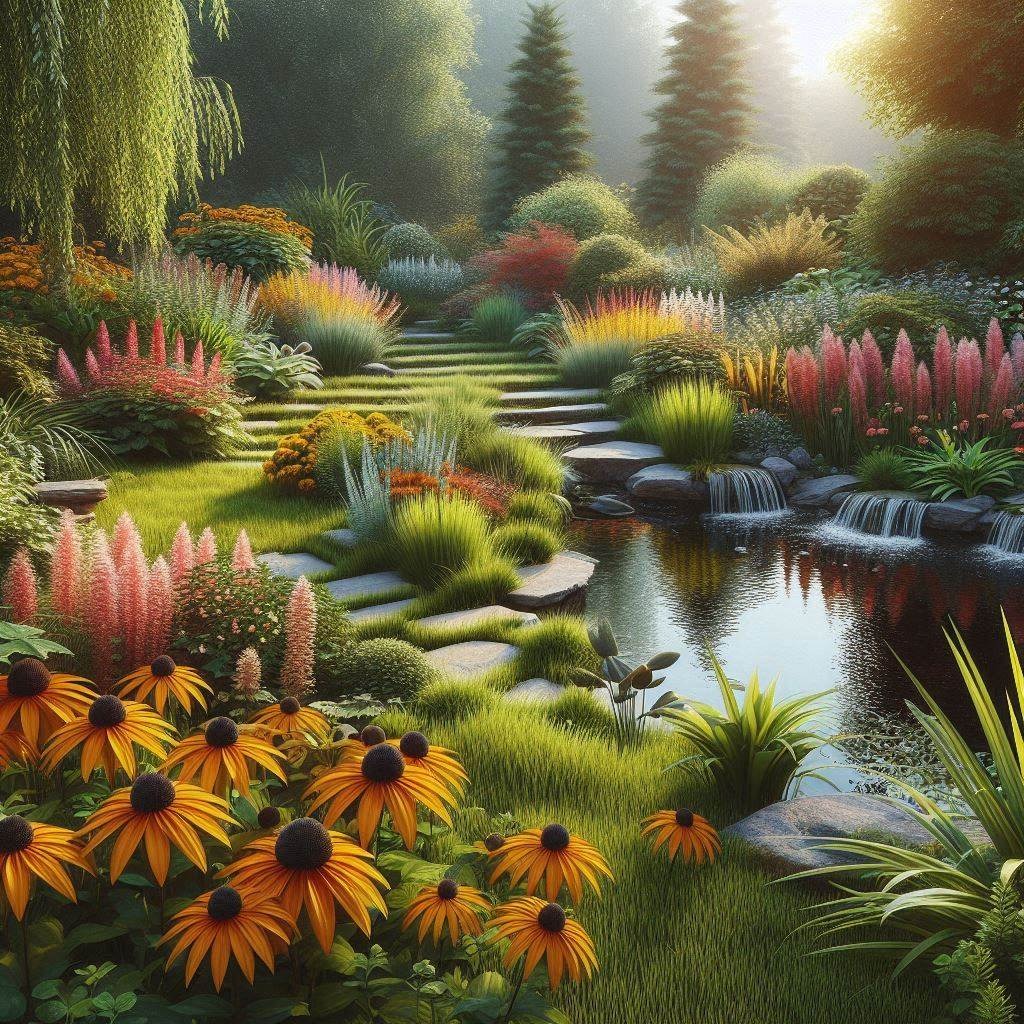Malowniczy ogród kaskadowy z kamiennymi schodami, strumieniem i bujną roślinnością, w tym rudbekiami z przodu i drzewami iglastymi w tle, oświetlony delikatnym światłem słonecznym.