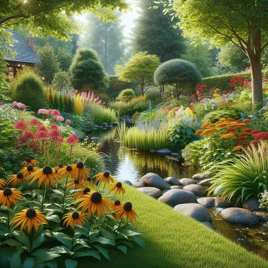 Malowniczy ogród z płynącym strumieniem, różnorodną roślinnością, kwiatami rudbekii i kamieniami brzegowymi w słoneczny dzień.