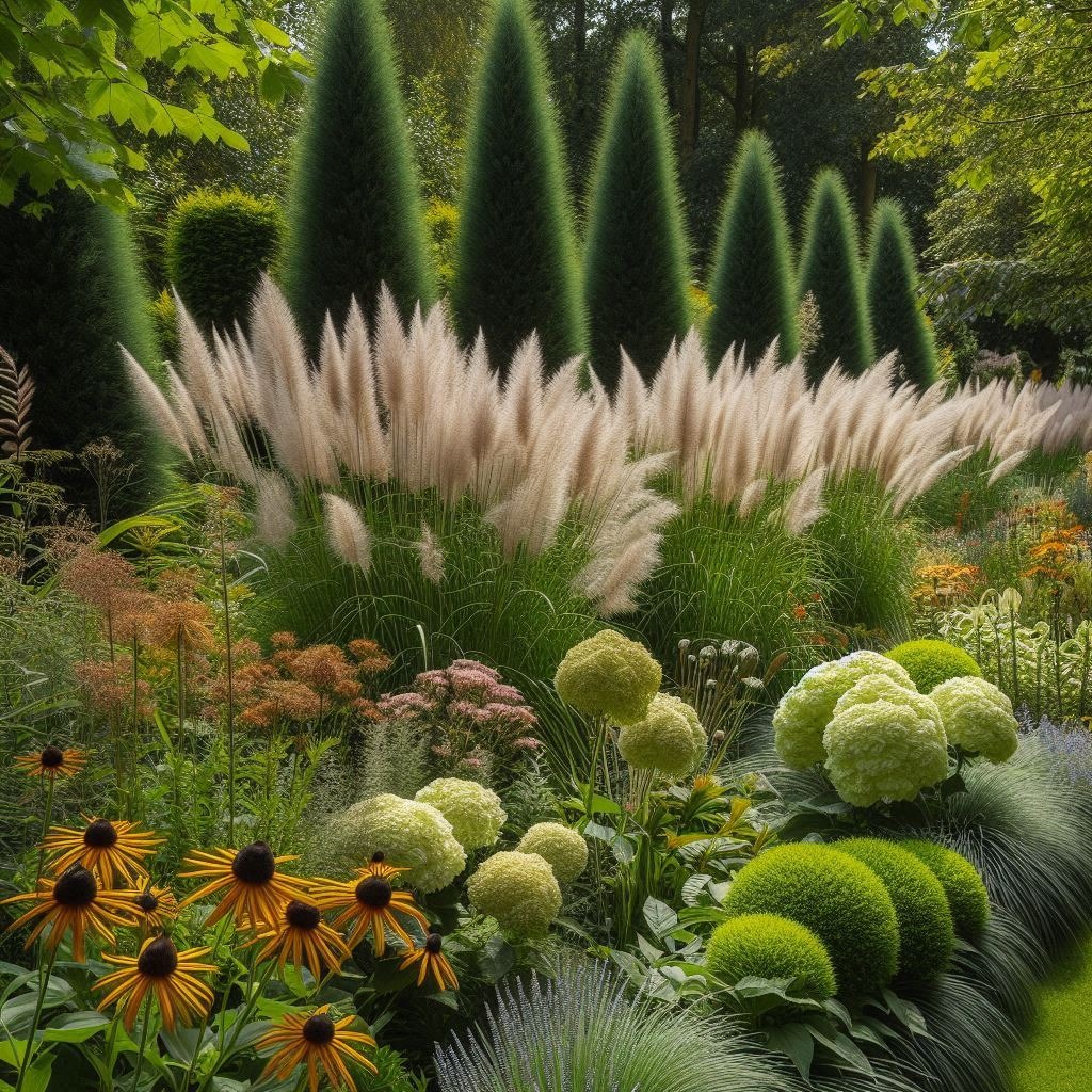 Bujny, wielobarwny ogród z kępami traw ozdobnych, kulistymi krzewami i stożkowymi drzewami w tle.