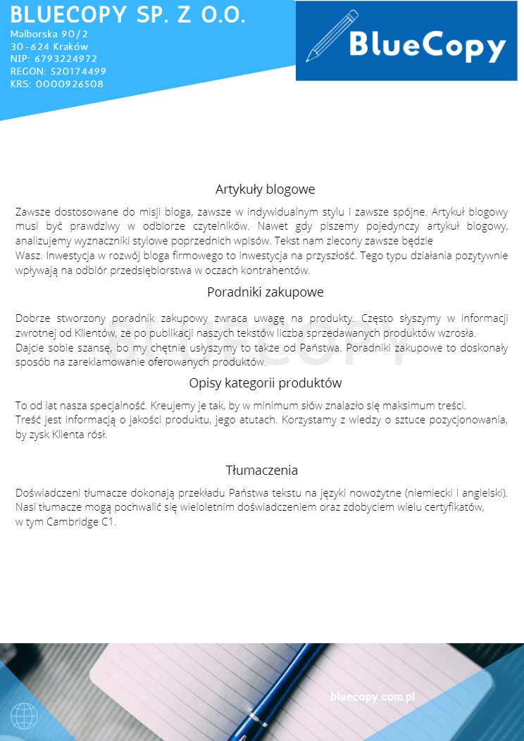 Prezentacja usług firmy BlueCopy: artykuły blogowe, poradniki zakupowe, opisy kategorii produktów i tłumaczenia, z adresem i danymi kontaktowymi.