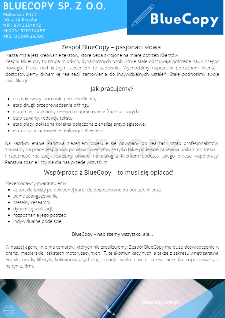 Reklama firmy BlueCopy z Krakowa, specjalizującej się w tworzeniu tekstów, zarysowany ołówek w logo i lista etapów pracy.