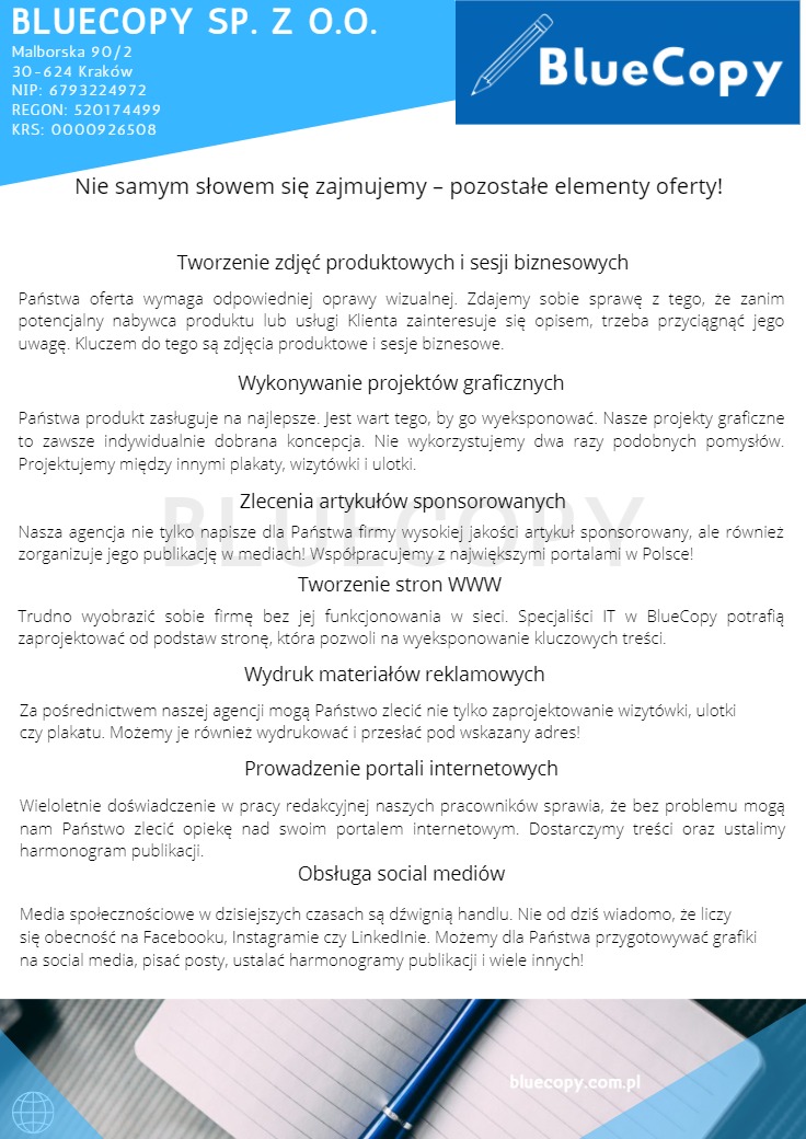 Ulotka reklamowa firmy BlueCopy z ofertą usług: tworzenie zdjęć produktowych, projekty graficzne, artykuły sponsorowane, strony WWW, wydruk materiałów, prowadzenie portali i obsługa social mediów...