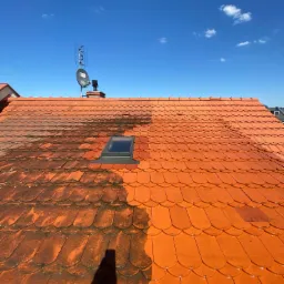 Częściowo umyty dach z pomarańczowej dachówki, widoczna różnica między czystą a zabrudzoną powierzchnią, okno dachowe i antena satelitarna na tle błękitnego nieba.