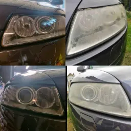 Porównanie reflektorów samochodowych przed i po renowacji, prezentujące różnicę w przejrzystości i wyglądzie.