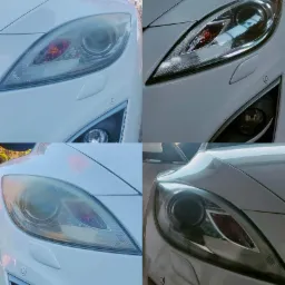 Reflektor samochodowy przed i po renowacji, widoczne różnice w przejrzystości i połysku na białym samochodzie.