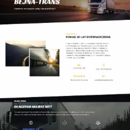 Strona internetowa firmy transportowej BEJNA-TRANS z widocznym logotypem i zdjęciem ciężarówki na tle zachodzącego słońca.