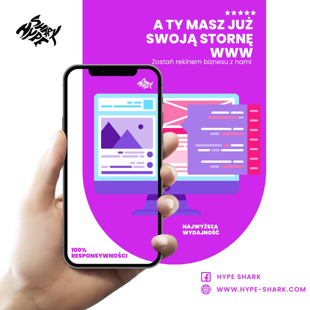 Grafika promocyjna przedstawia dłoń trzymającą smartfon z wyświetloną ilustracją strony internetowej, obok której widoczny jest monitor z elementami kodu, całość na fioletowym tle z logo firmy...