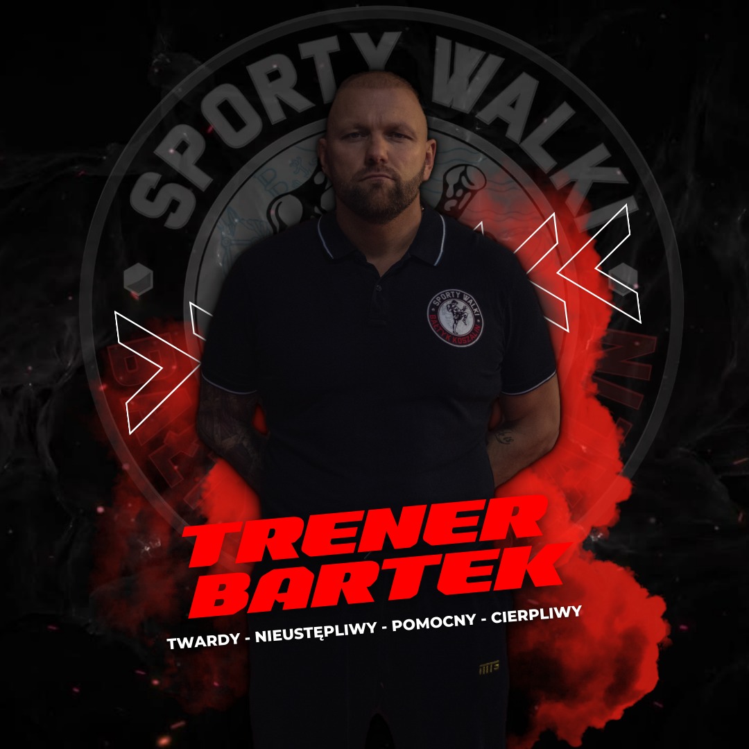 Grafika strony internetowej klubu sportów walki Bałtyk Koszalin prezentująca trenera Bartka na tle logotypu klubu w dynamicznej kompozycji z czerwonymi akcentami dymu i hasłami: Twardy...