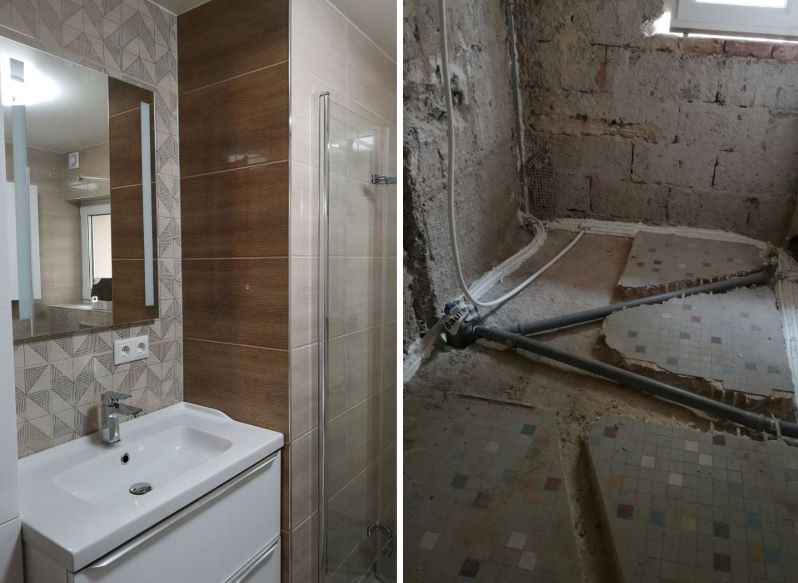 Remont łazienki: po prawej surowy stan z instalacją, po lewej wykończona łazienka z umywalką, lustrem i kabiną prysznicową. Widoczne płytki w różnych odcieniach.