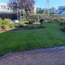 Świeżo ułożona trawa z rolki w ogrodzie, widoczny system nawadniania, rabaty z roślinami i kostka brukowa na pierwszym planie.