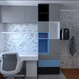 Pokój młodzieżowy z biurkiem, szarą szafką wiszącą, regałem z niebieskimi akcentami i tapetą w motywy gamingowe, oświetlony naturalnym światłem z okna.