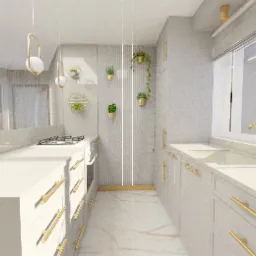 Wizualizacja jasnej kuchni w Gdańsku z białymi szafkami i złotymi uchwytami, akcentami roślinnymi na ścianie i lampami w kształcie okręgów.