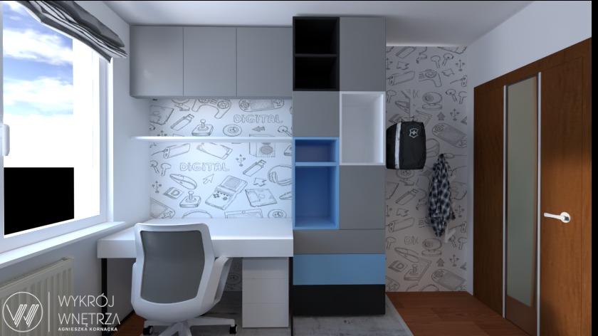 Pokój młodzieżowy z biurkiem, szarą szafką wiszącą, regałem z niebieskimi akcentami i tapetą w motywy gamingowe, oświetlony naturalnym światłem z okna.