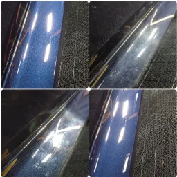 Cztery zbliżenia na fragment karoserii samochodu przed i po polerowaniu, widoczne rysy i odbicia światła na lakierze.