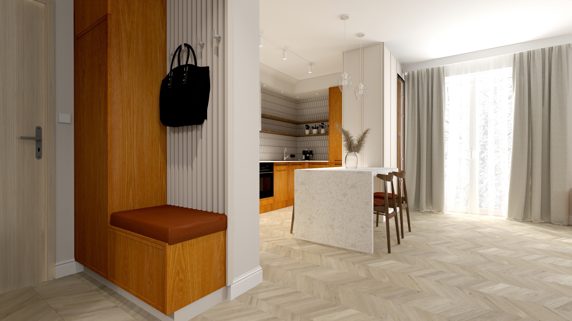 Wnętrze mieszkania z drewnianą zabudową wejścia z siedziskiem, czarną torbą na wieszaku, wyspą kuchenną z kamiennym blatem i drewnianą podłogą ułożoną w jodełkę.