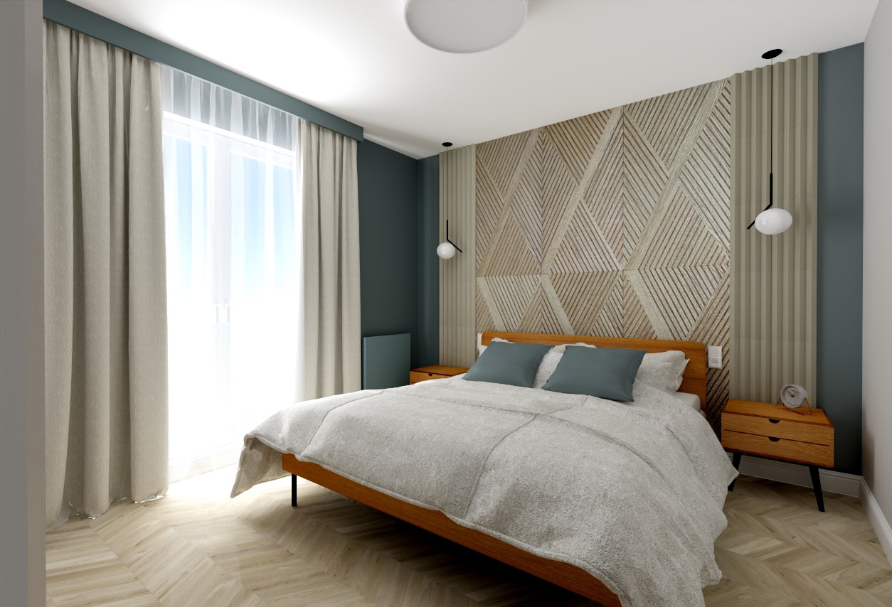 Nowoczesna sypialnia z łóżkiem o drewnianej ramie, geometryczną ścianą z paneli, szarymi zasłonami i lampami wiszącymi w kształcie kuli.