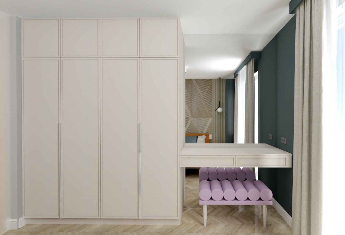Beżowa szafa na wymiar z sześcioma drzwiami, połączona z toaletką i fioletowym pufem w nowoczesnej sypialni z drewnianą podłogą w jodełkę.