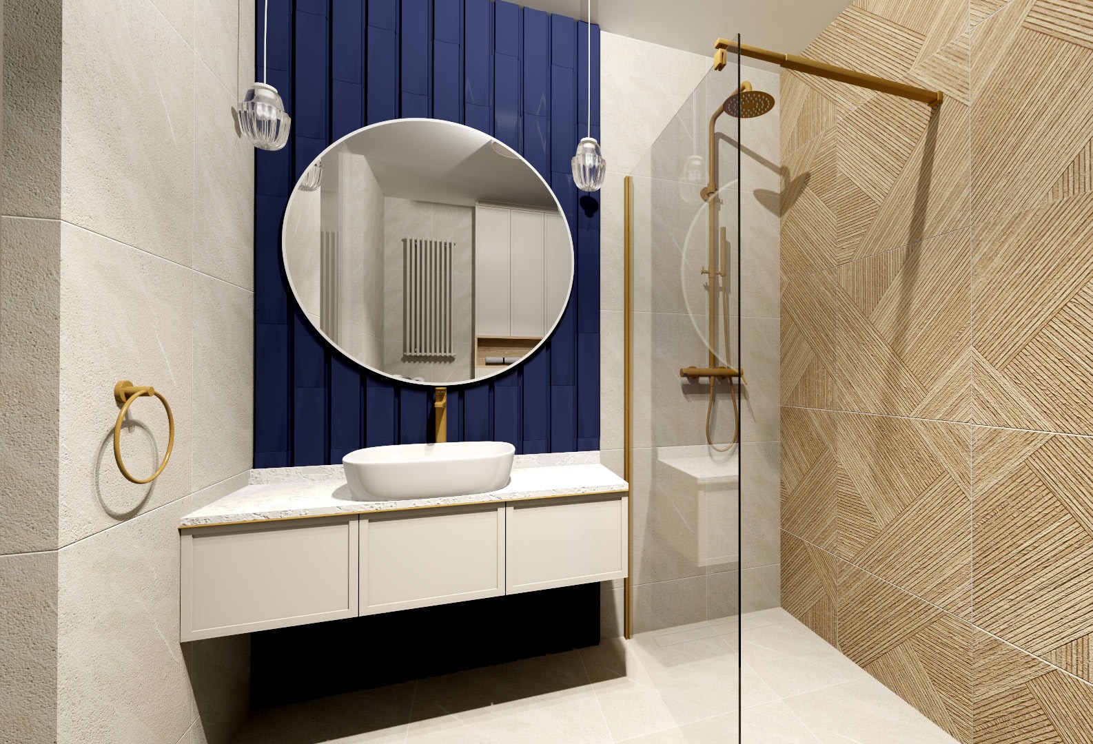 Nowoczesna łazienka z okrągłym lustrem, umywalką nablatową, kabiną prysznicową ze złotymi detalami i niebieską ścianą akcentującą.