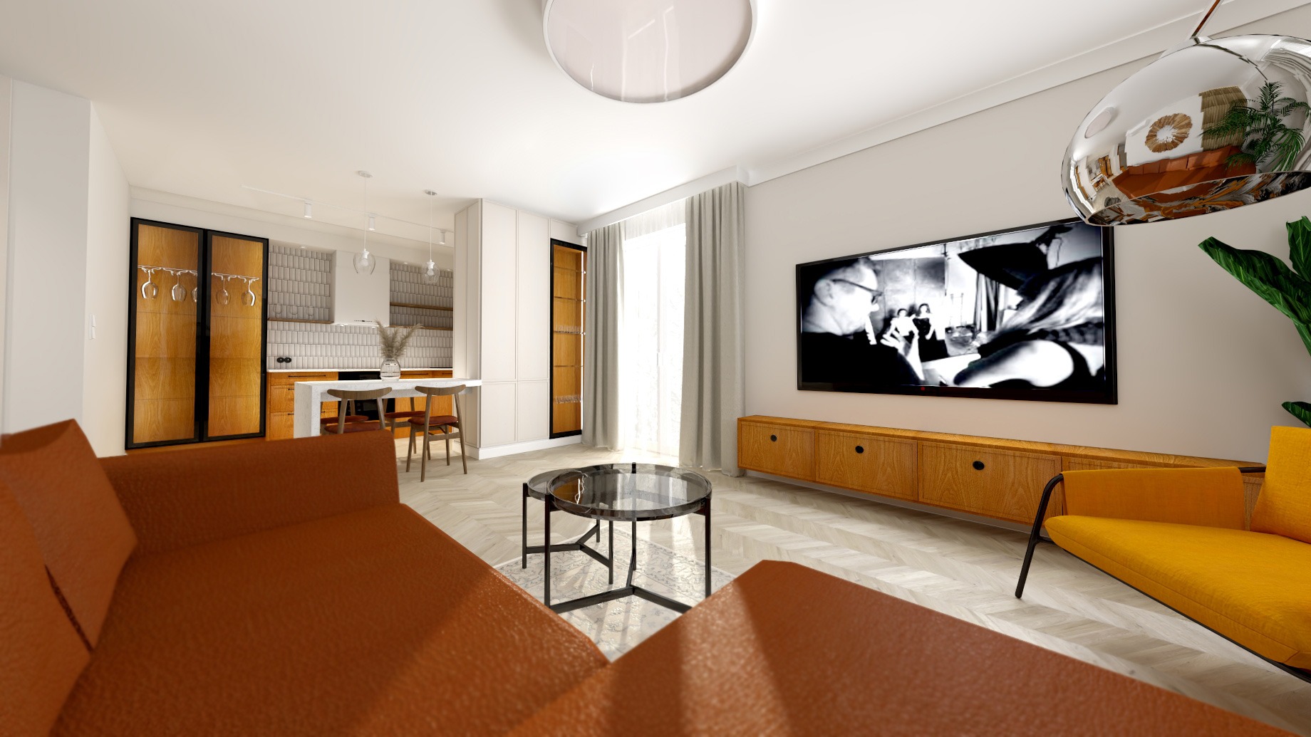 Wizualizacja salonu z aneksem kuchennym w stylu mid-century modern: brązowa sofa narożna, stolik kawowy z czarnym blatem, szafka RTV z drewna, telewizor z czarno-białym filmem, żółty fotel...