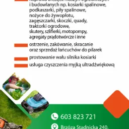Grafika reklamowa serwisu maszyn ogrodniczych i budowlanych, oferującego naprawę kosiarek, pił spalinowych, ostrzenie łańcuchów, prostowanie wału silnika kosiarki oraz czyszczenie ultradźwiękowe.
