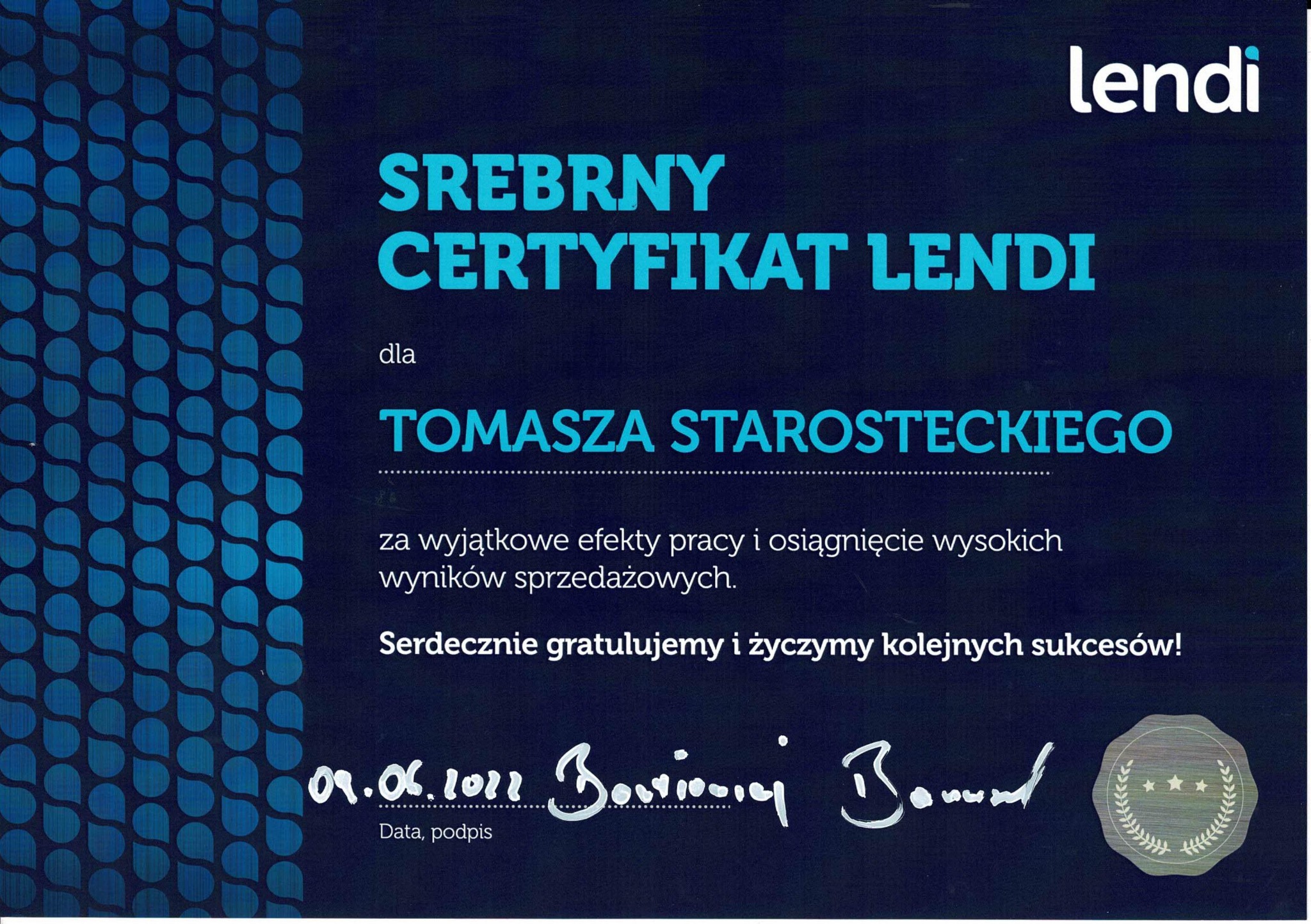 Srebrny certyfikat Lendi dla Tomasza Starosteckiego za wyniki sprzedażowe z datą 09.06.2022 i podpisem.