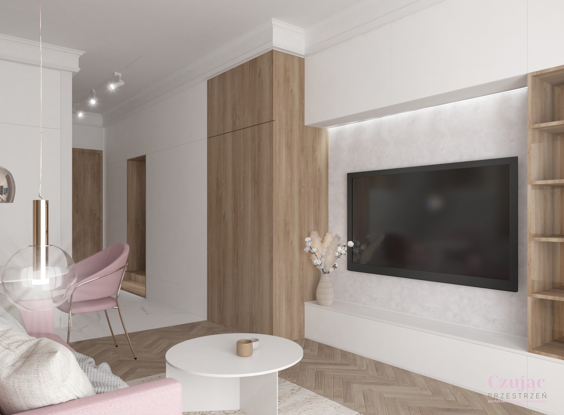 Wizualizacja salonu z jasnymi ścianami, drewnianą zabudową, telewizorem, okrągłym białym stolikiem kawowym, różowym fotelem i lampą wiszącą z przezroczystym kloszem.