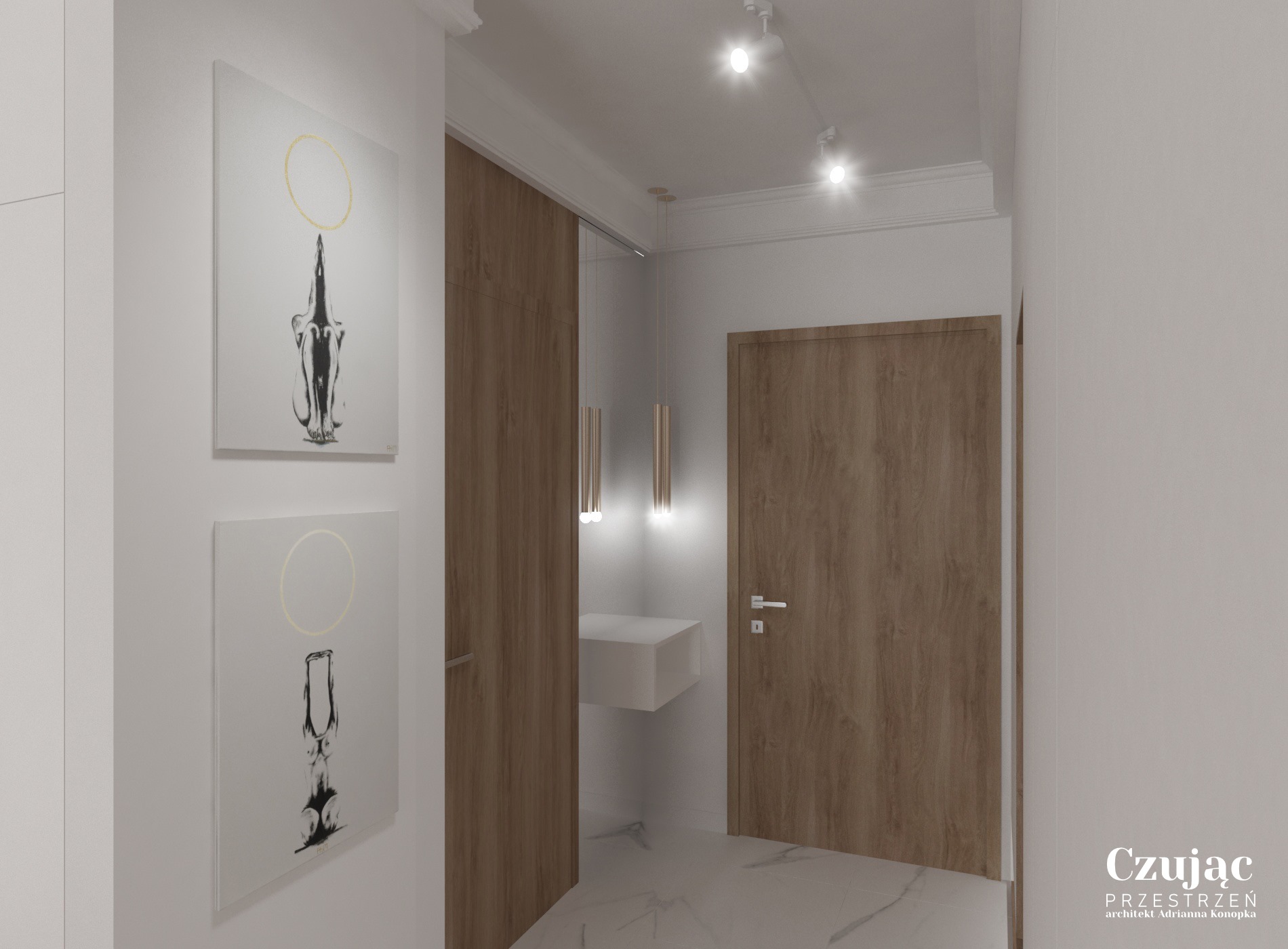 Nowoczesny przedpokój z drewnianymi drzwiami, białymi ścianami i marmurową podłogą, ozdobiony abstrakcyjnymi obrazami z motywem złotego koła i minimalistyczną umywalką.