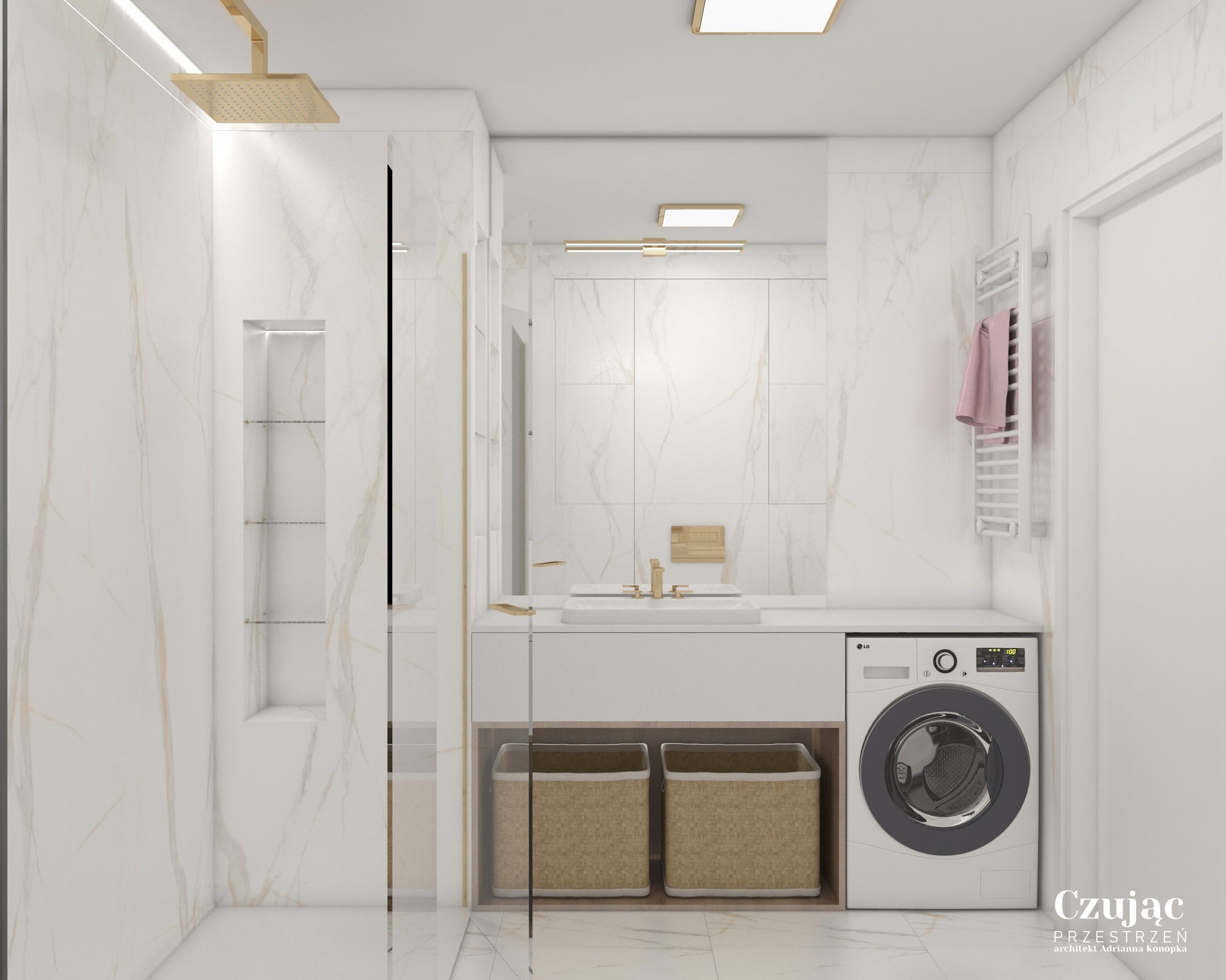 Elegancka łazienka z marmurowymi płytkami, złotą armaturą, przeszkloną kabiną prysznicową, pralką LG i koszami na pranie pod umywalką.