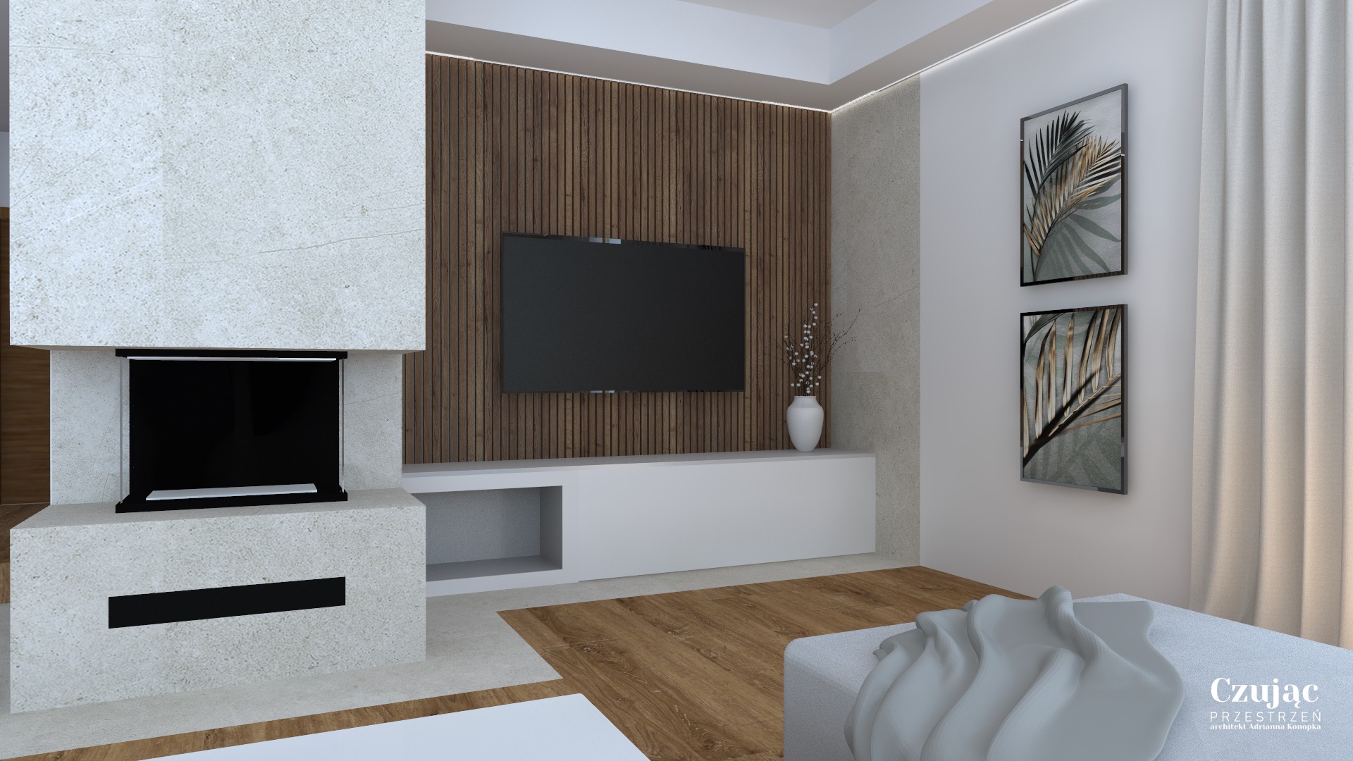 Wizualizacja salonu z kominkiem obłożonym jasnym kamieniem, telewizorem na ścianie z drewnianych paneli, białym stolikiem RTV, dwoma obrazami z motywem roślinnym i zasłonami.