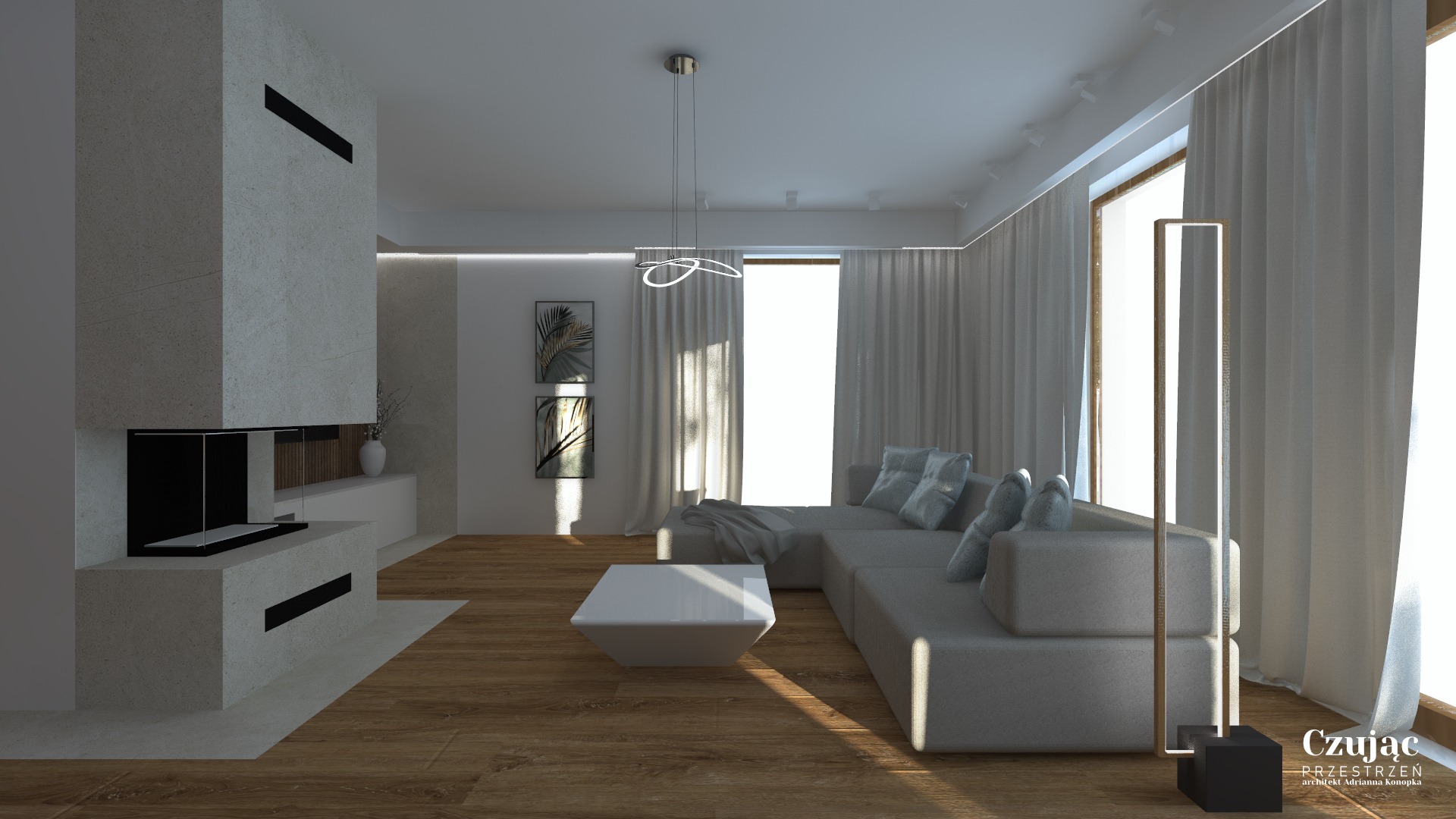 Wizualizacja salonu z nowoczesnym kominkiem obłożonym jasnym kamieniem, szarym narożnikiem z poduszkami, białym stolikiem kawowym i drewnianą podłogą. Uwagę zwraca designerska lampa wisząca...