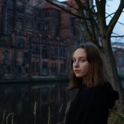 photo.recko - Portret młodej kobiety w czarnej bluzie z kapturem na tle starej, ceglanej fabryki i rzeki, pochmurny dzień.