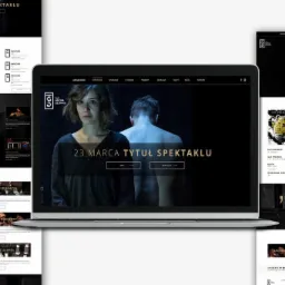 Prezentacja responsywnego projektu strony internetowej teatru na laptopie, z widocznymi elementami nawigacji, repertuaru i aktualności, utrzymana w czarno-białej kolorystyce z akcentami złota.