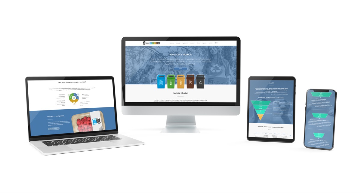 Prezentacja responsywnej strony internetowej 'Koalicja 5 Frakcji' na laptopie, monitorze, tablecie i smartfonie, z widocznymi elementami graficznymi i tekstem.