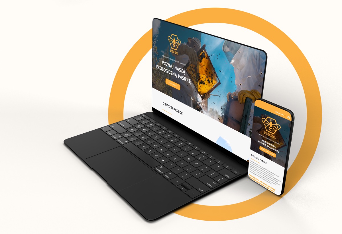 Mockup responsywnej strony internetowej o tematyce pszczelarstwa, wyświetlanej na laptopie i smartfonie na jasnym tle z pomarańczowym okręgiem.