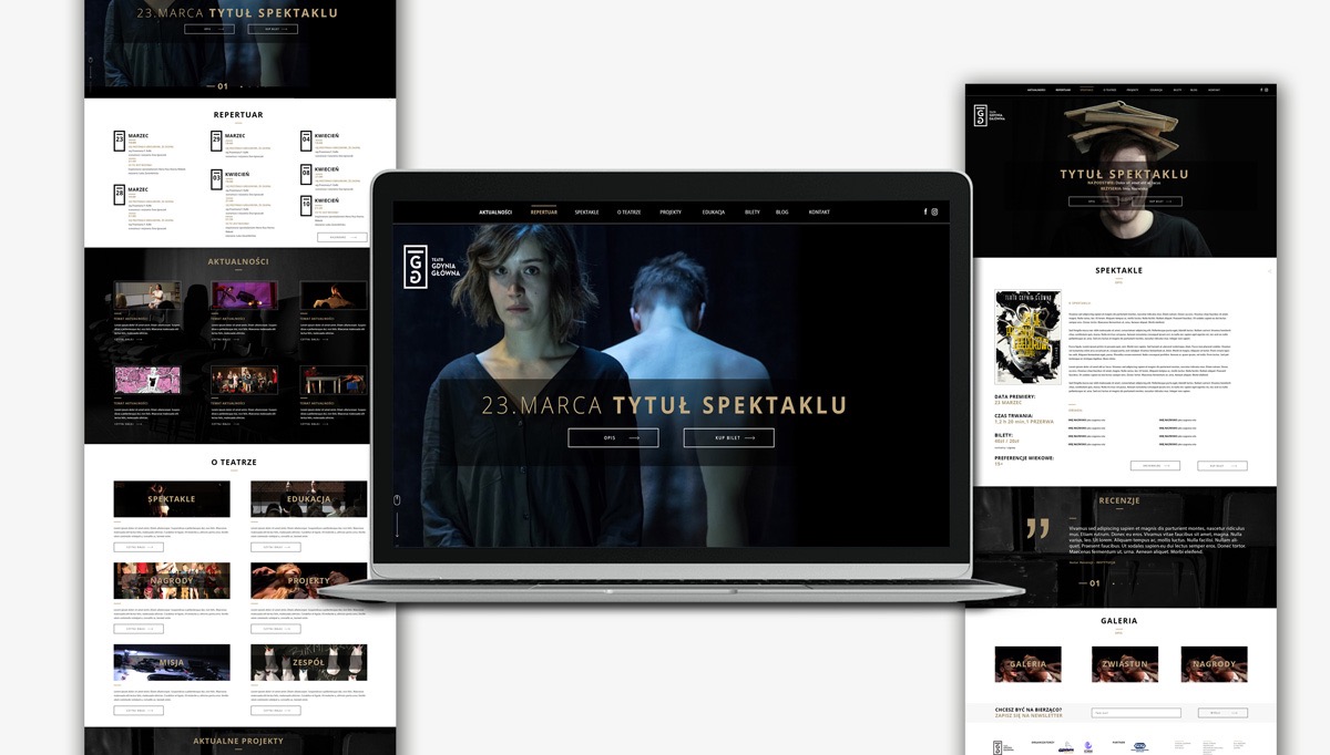 Prezentacja responsywnego projektu strony internetowej teatru na laptopie, z widocznymi elementami nawigacji, repertuaru i aktualności, utrzymana w czarno-białej kolorystyce z akcentami złota.